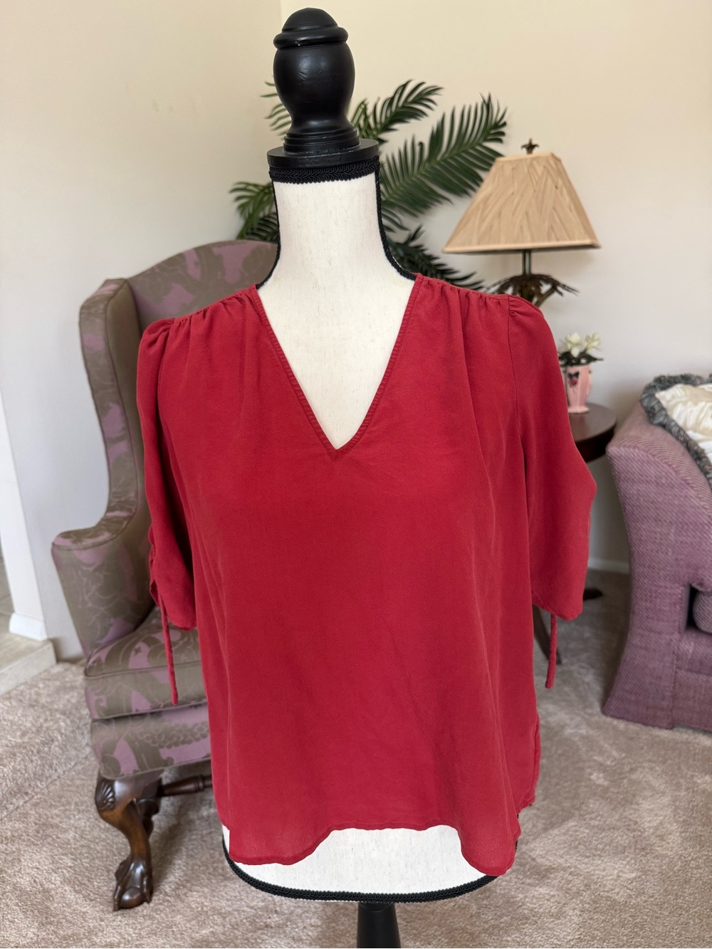 Madewell Red V-Neck Puff Sleeve Blouse
